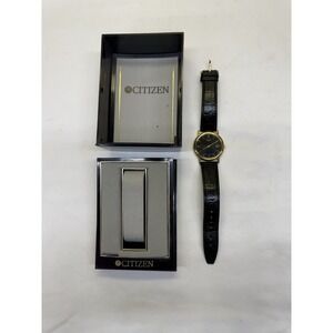 Citizen Men's Vintage 1990's Gold Plated Black Dial Wrist Watch Genuine Leather